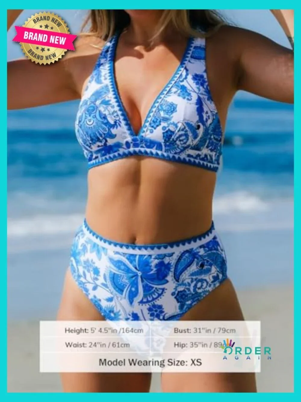 V Neck Crisscross Back High Waisted Bikini Set Removable Cups UPF 50+